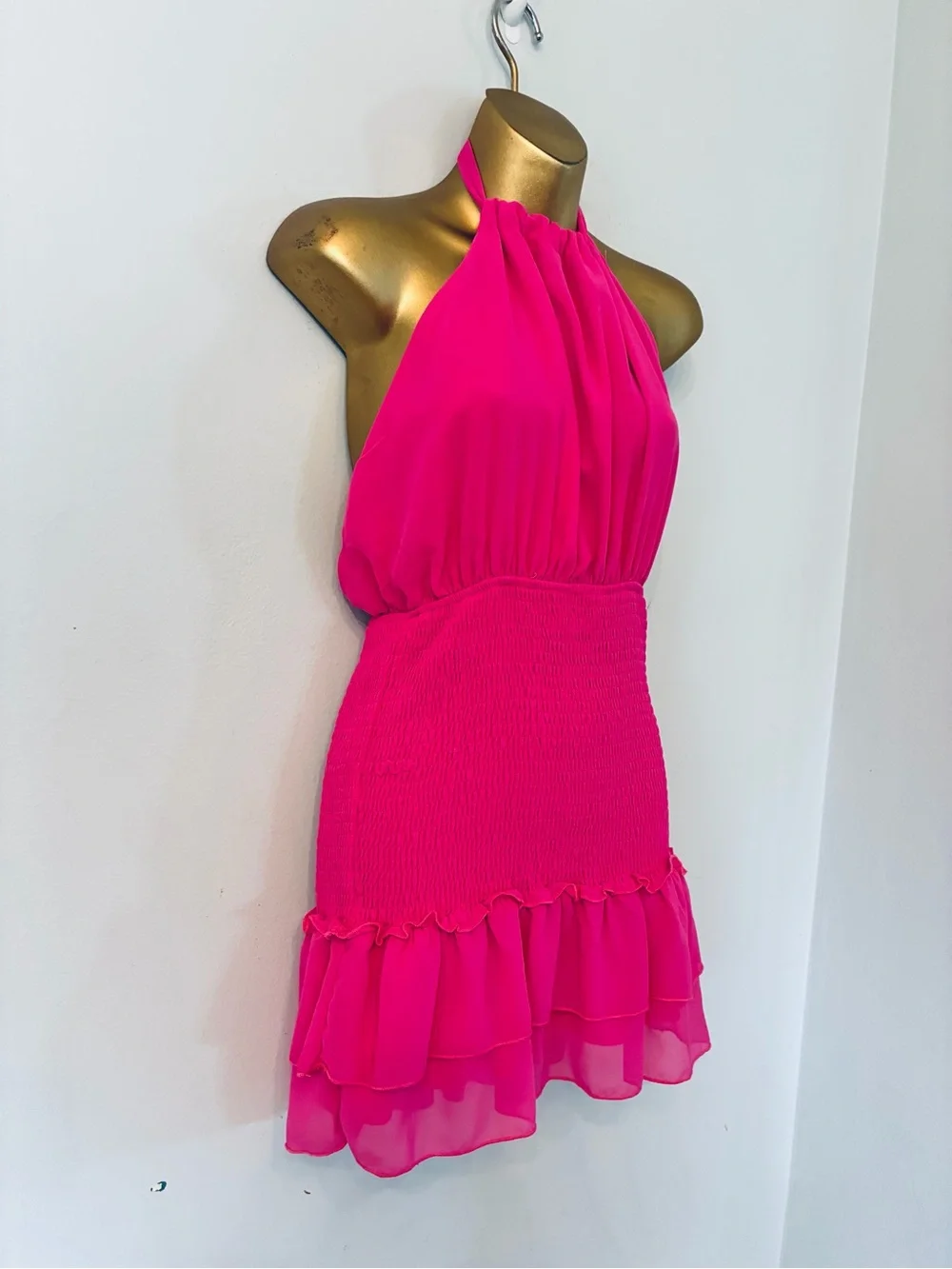 Fiesta Hot Pink Halter Smocked Mini Dress NWT Size Small + Free Zara Gift
